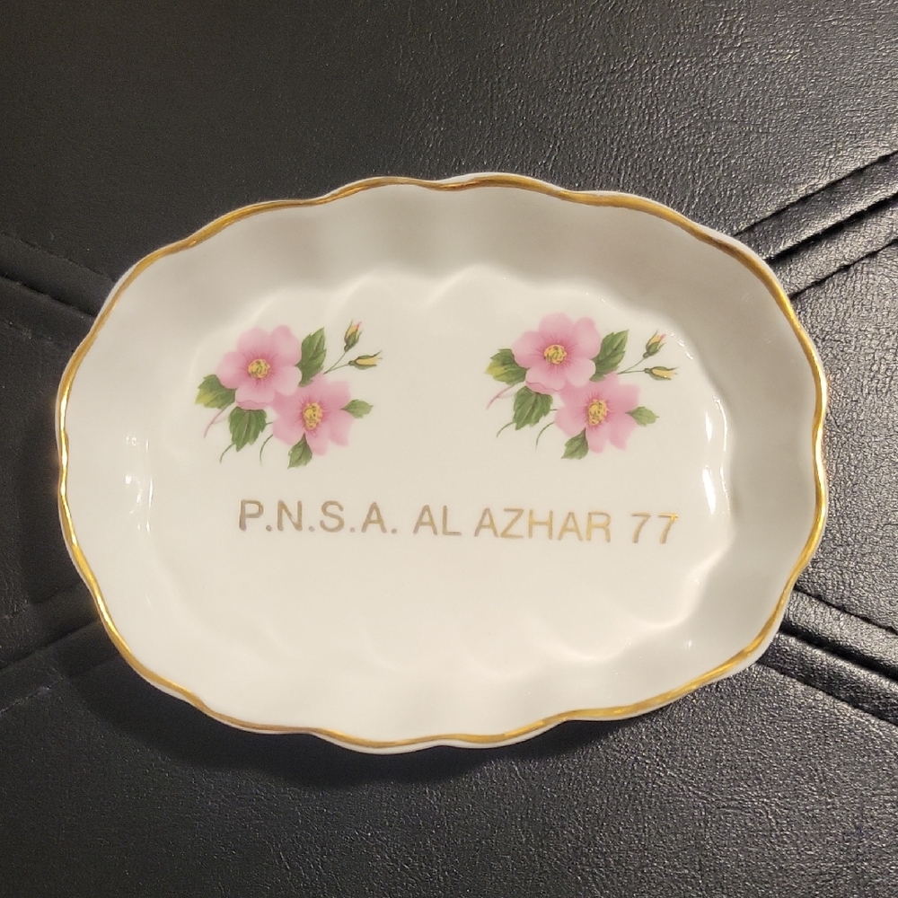 Blue Bird Oval Dish with Pink Floral Design and Gold Trim